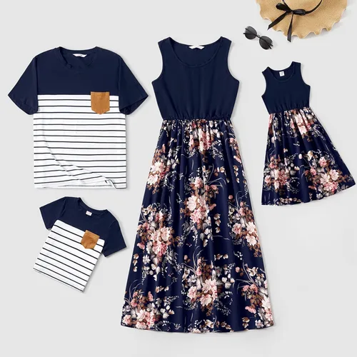 Vista 6 de PATPAT Conjuntos familiares a juego para mamá y yo, vestidos tropicales bohemios florales sin mangas, vestidos largos y camisetas a juego, Azul