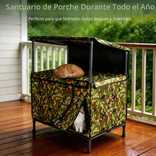 Vista 4 de Casa para gatos al aire libre, resistente a la intemperie, con dosel, refugio exterior para gatos, cubierta de techo y soporte elevado, casa