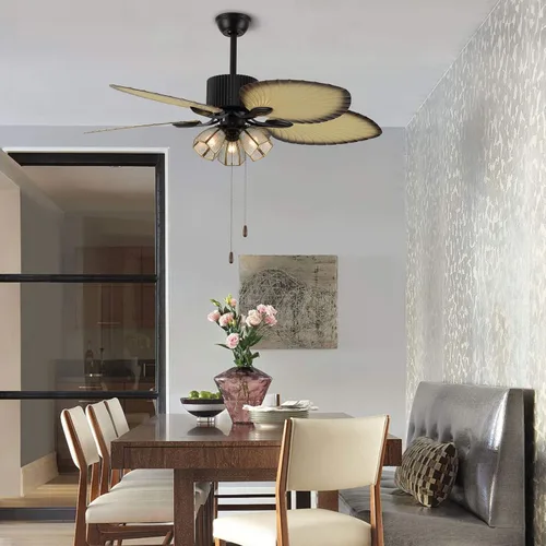 Vista 7 de Ventiladores de techo tropicales con luz de 52 pulgadas, hoja de palmera, aspas de madera, lámpara de araña con control remoto y cadena de tracción