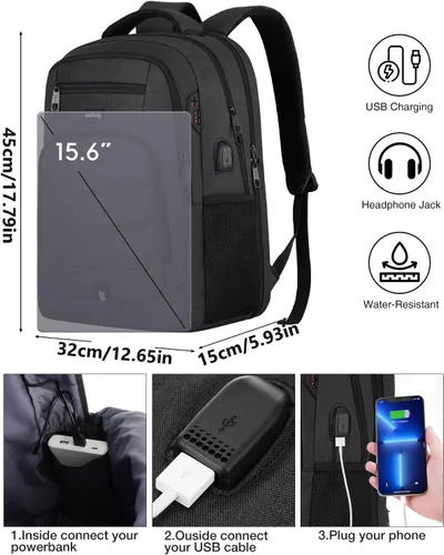 Vista 6 de kadilong Mochila para laptop para hombre, mochila escolar para adolescentes, niños, viajes de negocios, bolsa antirrobo con puerto de carga USB
