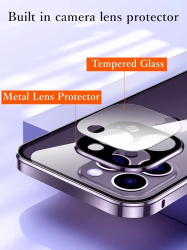 Vista 4 de Funda magnética transparente para iPhone 14 de vidrio con protector de lente de cámara, protector de pantalla integrado sensible al tacto Negro