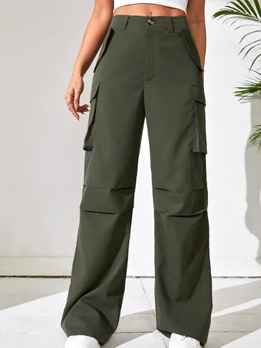 Vista 5 de WDIRARA Pantalones cargo de cintura alta con botones de pierna ancha y bolsillos para mujer
