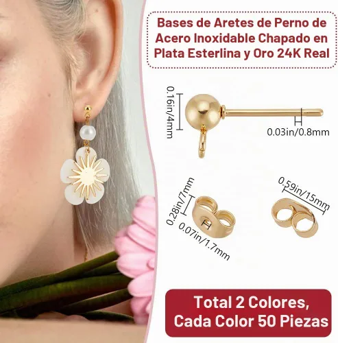 Vista 2 de Beebeecraft 100 piezas de 2 colores, componentes para aretes de bola con perno, chapados en oro de 24K y plata de ley 925, acero inoxidable 304