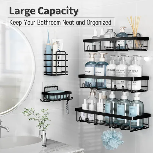 Vista 2 de Liuoud Shower Caddy 5 Pack XL-Size Adhesive Stainless Steel Organizer XL Capacity, With Strong Adhesive, Rustproof, No Drilling Wall Mount Shelvs