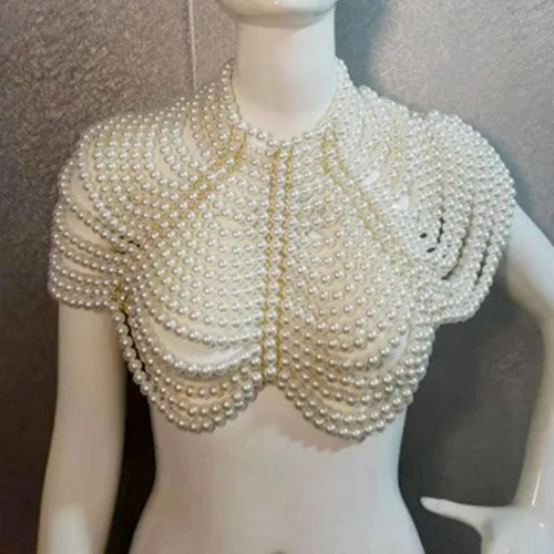 Vista 8 de Collar de gargantilla con cuentas de perlas de imitación para mujer, collar de chal de cadena para el cuerpo, Madera, Perla