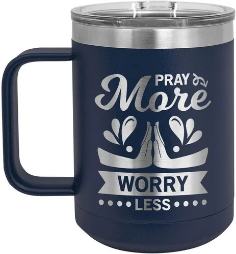 Vista 11 de PRAY MORE WORRY Less 15 oz taza de café con tapa superior deslizante Taza de café de viaje aislado Ideas de regalo de cumpleaños o Navidad
