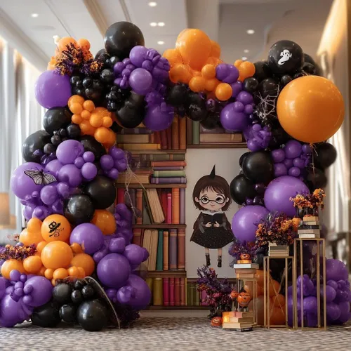 Vista 8 de Kit de arco de globos de color morado y naranja, guirnalda de globos de doble relleno, color morado y naranja quemado, negro, para Halloween