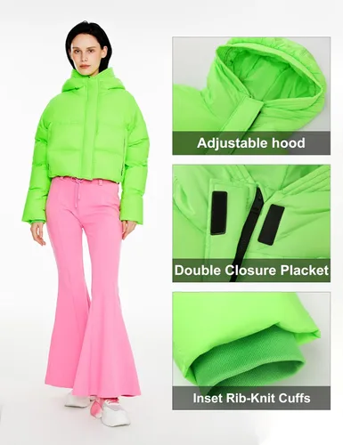 Vista 5 de Orolay Chaqueta acolchada corta ligera para mujer, abrigo corto de plumón con capucha y manga larga
