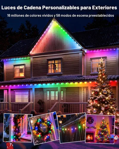 Vista 3 de Luces de Navidad Inteligentes, C9 RGB de 66 pies, 100 luces LED de fresa conectables, control remoto de aplicación, sincronización de música, luz