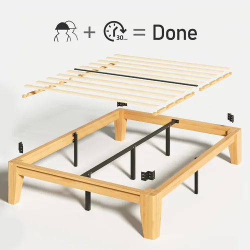 Vista 9 de Lifezone Marco de cama de plataforma de madera tamaño Queen, madera maciza de alta calidad, estructura resistente, patas de 3.78 pulgadas de grosor