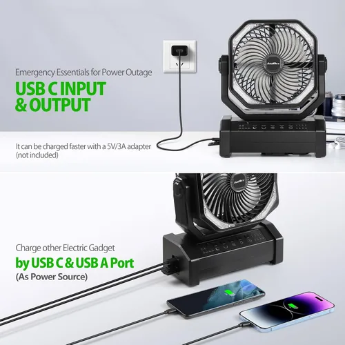 Vista 2 de AddAcc Ventilador de camping recargable de 20000mAh - Ventilador operado por batería con luz y control remoto, oscilación automática, temporizador