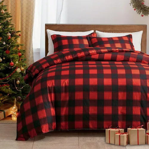 Vista 2 de Joyreap Juego de funda de edredón de 3 piezas de Navidad, diseño de cuadros Buffalo Check Gingham en rojo y negro, microfibra suave y transpirable
