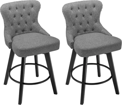 Vista 12 de Juego de 2 taburetes de bar giratorios de 360° con botón acolchonados, taburetes de bar tapizados de 26 pulgadas con patas de madera maciza