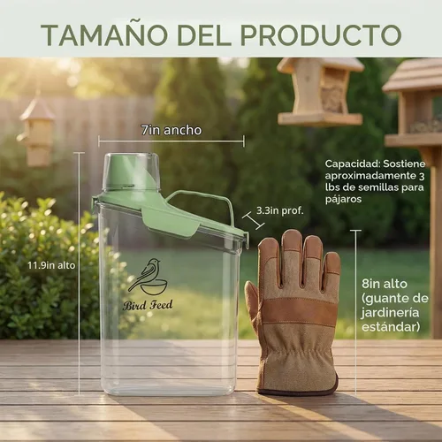 Vista 6 de Contenedor de almacenamiento de semillas de pájaros, portátil, contenedor transparente de comida para mascotas de 3 cuartos de galón, con taza Verde