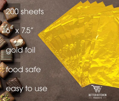 Vista 3 de Better Kitchen Products Envolturas de caramelo de papel de aluminio dorado, 6 x 7.5 pulgadas, parte trasera plateada, embalaje individual