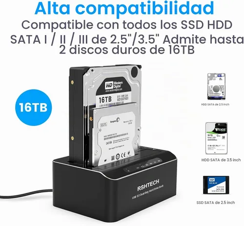 Vista 2 de RSHTECH Estación de acoplamiento de disco duro,Aluminio Dual Bay USB 3.0