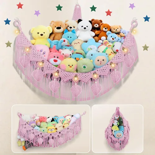Vista 11 de Hamaca Esquinera para Animales de Peluche - Jumbo de 56'' Hecha a Mano con Cordón Doble de Macramé de 5mm, Red de Almacenamiento de Animales
