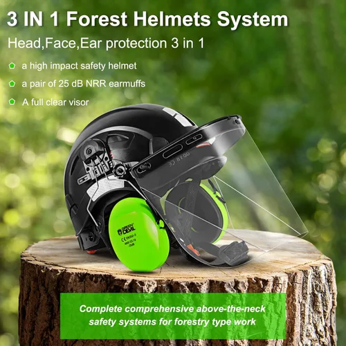Vista 2 de Casco de Seguridad Forestal para Motosierra con Visera Completa de Policarbonato Transparente y Orejeras 3 en 1 Casco Duro Forestal