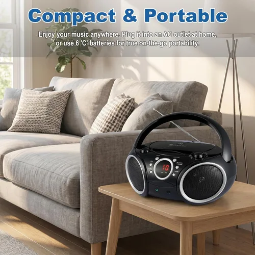 Vista 5 de SINGING WOOD 030C Reproductor de CD portátil Boombox AM FM Radio de sintonización analógica, línea auxiliar, conector para auriculares, asa