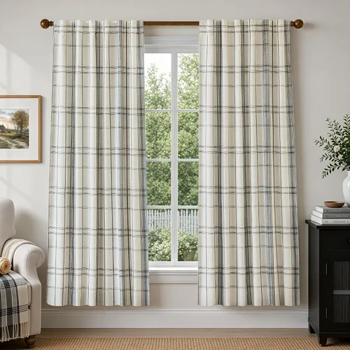 Vista 18 de DriftAway Cortinas de felpilla de lino a cuadros 100% opacas de 96 pulgadas Beige