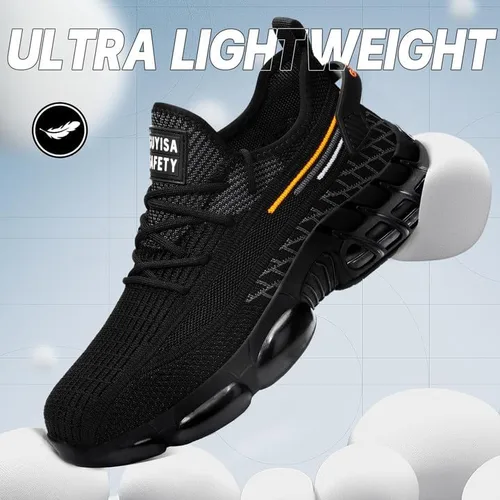 Vista 6 de BAIYIJIA Zapatos de punta de acero para hombre, zapatos de trabajo antideslizantes para construcción con amortiguación de aire, zapatos