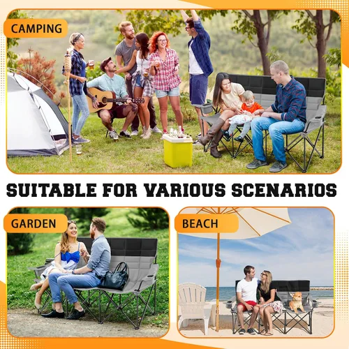 Vista 5 de Teenyyou Silla de camping para 3 personas con cojín grueso, 700 libras, resistente sofá biplaza de playa de gran tamaño con portavasos y bolsa