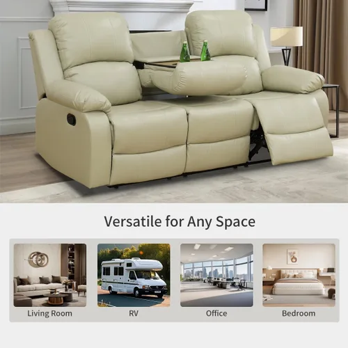 Vista 6 de Juego de Muebles para Sala de Estar, Juego de Sofá Reclinable Manual, Juegos de Sofás Reclinables de Cuero Beige con Mesa Desplegable, Sofá