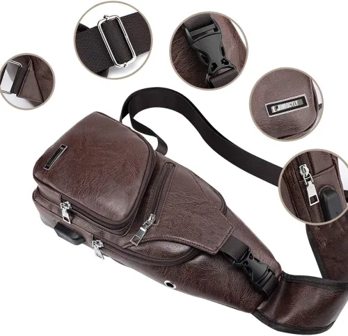 Vista 4 de JUMO CYLY Bolso bandolera de cuero para hombres y mujeres, bolso de hombro impermeable pequeño y ligero, Pequeño marrón oscuro, Viajar