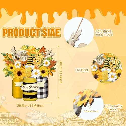 Vista 3 de Señal de bienvenida de abeja en madera, letrero de abeja amarilla, gnomo de flor de abeja, letrero de madera colgante para puerta, decoración
