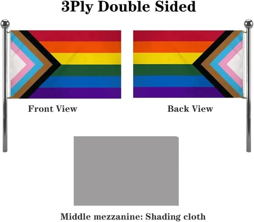 Vista 2 de Jayus Bandera de arco iris de doble cara inclusive Progress Pride de 2 x 3 para exteriores, banderas de arcoíris LGBTQ resistentes con 2 ojales