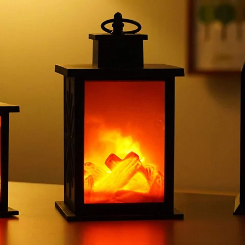 Vista 24 de Farol de chimenea pequeño y acogedor tradicional realista con efecto de llama de leña, luz LED, estilo carbón, lámpara de mesa