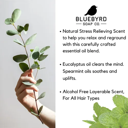 Vista 3 de Bluebyrd Soap Co. Perfume de eucalipto y menta para el cabello Niebla para el cabello perfumada relajante sin peso Sin alcohol, sin parabenos