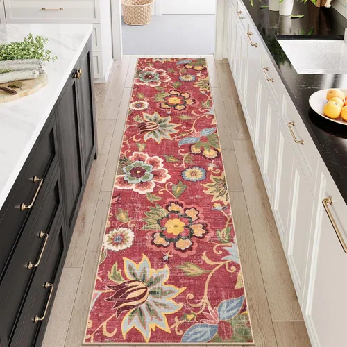 Vista 73 de Beeiva Alfombras florales de entrada, lavables para interiores, ultra fina, de 2 x 3 pies, antideslizante, para cocina, tapete de cachemira suave