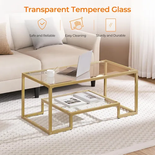 Vista 5 de Yaheetech Mesa de Café Dorada, Mesa de Centro de Vidrio Rectangular de 42" para Sala de Estar, Mesas de Té de 2 Niveles con Marco de Metal