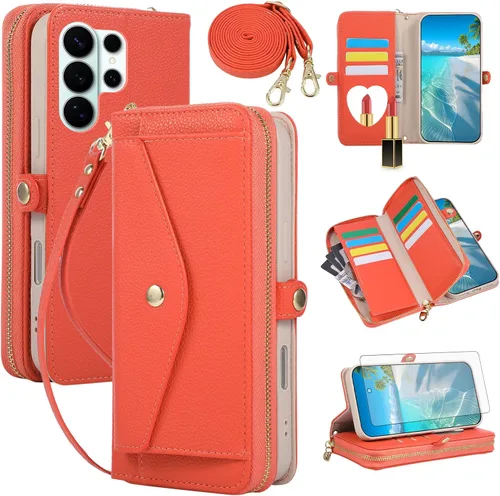 Vista 50 de Asuwish Funda de teléfono para Samsung Galaxy S23 5G con cremallera, funda para celular con protector de pantalla, correa para el hombro, espejo