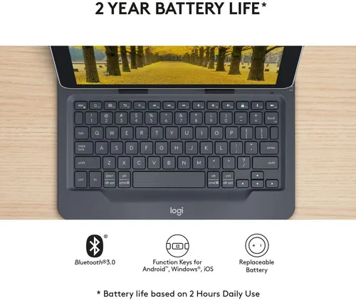 Vista 4 de Logitech Folio universal con teclado Bluetooth 3.0 integrado para Apple de 9 a 10 pulgadas, Android, tabletas Windows, color negro