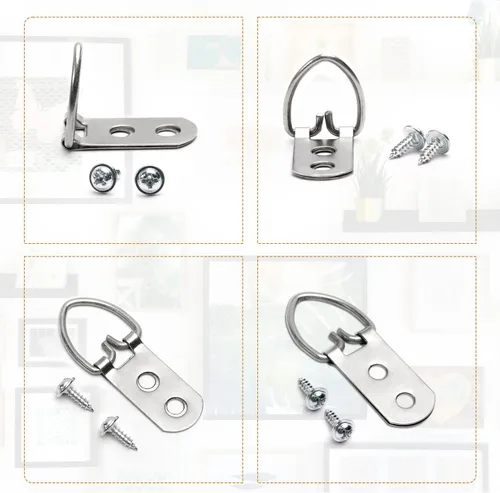 Vista 4 de 50 piezas de accesorios para colgar fotos, anillos en D resistentes, kit para colgar cuadros con tornillos, niquelado, anillos en D de metal