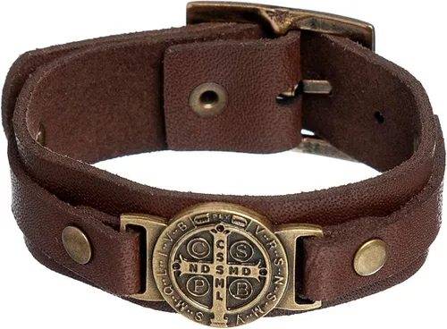 Vista 2 de Intercession Pulsera de protección de cuero genuino de San Benito, fabricada en Brasil, Madera