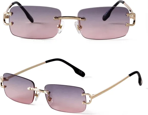 Vista 20 de Rimless Sunglasses for Men Women Small Narrow Rectangle Sunglasses 2 piezas: azul degradado+marrón degradado