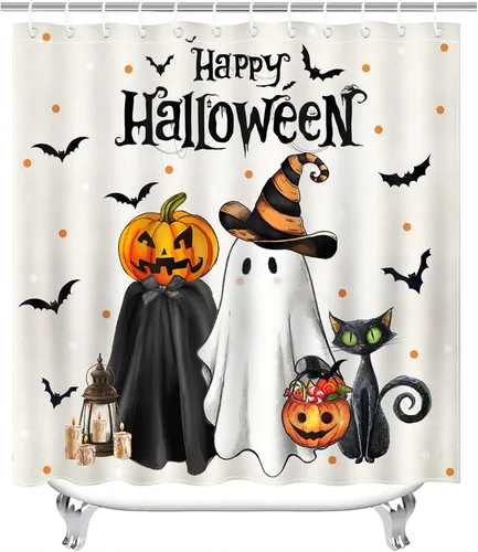 Vista 8 de Mocsicka Juego de cortinas de ducha de Halloween para baño, 4 piezas, fantasma, gato, calabaza, juegos de baño con alfombras antideslizantes