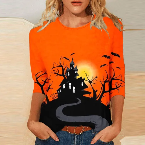 Vista 2 de nhApmj Camisetas de Halloween de manga 34 para mujer, moda de otoño 2023, cuello redondo, estampado de Halloween, sudadera ajustada