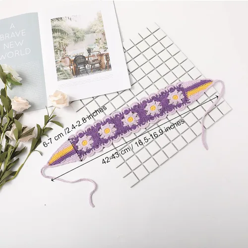 Vista 2 de CHLINS Diademas elásticas de ganchillo hechas a mano con margaritas florales – 3 unidades de diademas de punto bohemio para mujeres y niñas