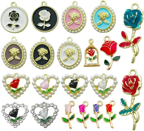Vista 15 de WOCRAFT 24 dijes de pulsera de corazón de amor para hacer joyas, San Valentín, boda, rosa, flor, para bricolaje, collares, llaveros y suministros