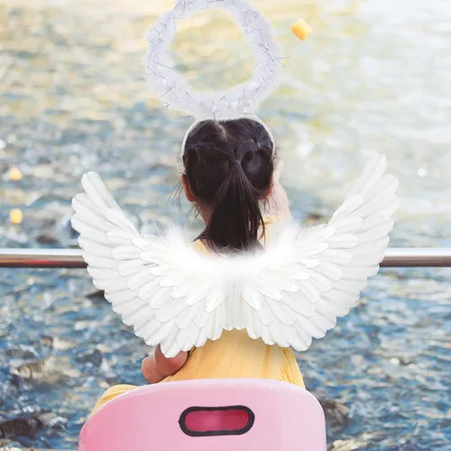 Vista 4 de Alas de ángel blancas y halo para niñas disfraces de alas para niños alas blancas para niños y niños alas de plumas para festivales Halloween