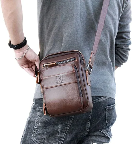 Vista 4 de Hebetag Bolso bandolera de cuero pequeño para hombre, para viajes al aire libre, negocios
