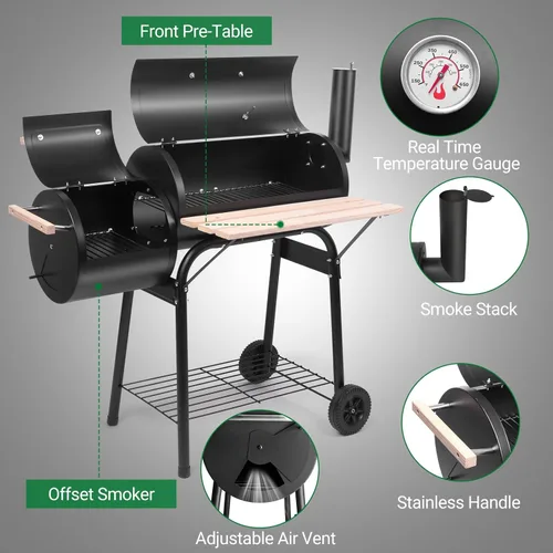 Vista 2 de Outvita Parrilla de carbón y ahumador offset, cocina de barbacoa de patio al aire libre con ruedas, horno portátil para barbacoa en el patio trasero