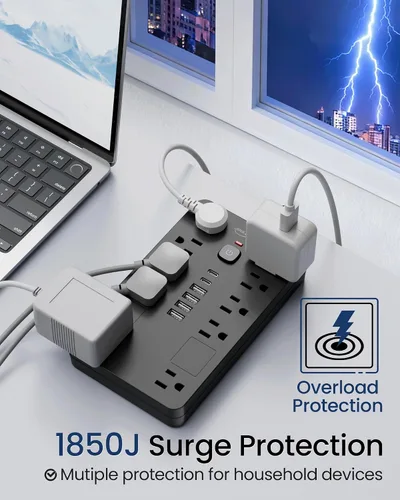 Vista 6 de JouleLoom Paquete de 2 tiras de alimentación con protector de sobretensiones, 10 salidas (1850 W/15 A/14 AWG) con 6 puertos USB (2 USB C), cable