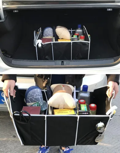 Vista 5 de Organizador de maletero de automóvil, negro, 3 secciones grandes de almacenamiento, almacena tus suministros de limpieza, equipo de emergencia