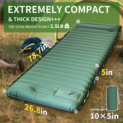 Vista 2 de Almohadilla de dormir para camping, extra gruesa de 5 pulgadas, ultraligera para acampar con almohada, bomba de pie integrada, almohadillas