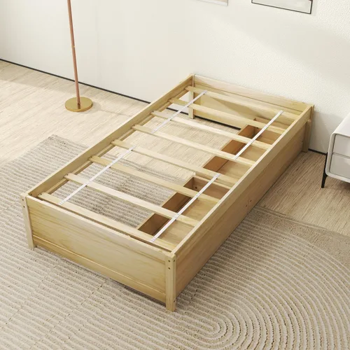 Vista 8 de KOMFOTT Base de cama de plataforma de madera de tamaño individual con 2 cajones de almacenamiento, plataforma de madera con soporte de tablillas